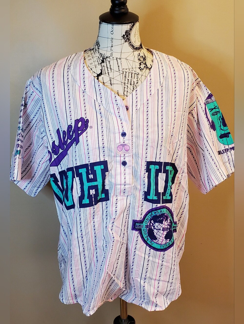 Vintage 90s eSleep Slang Graphic Sleep Shirt White Stripe Button Front Oversized